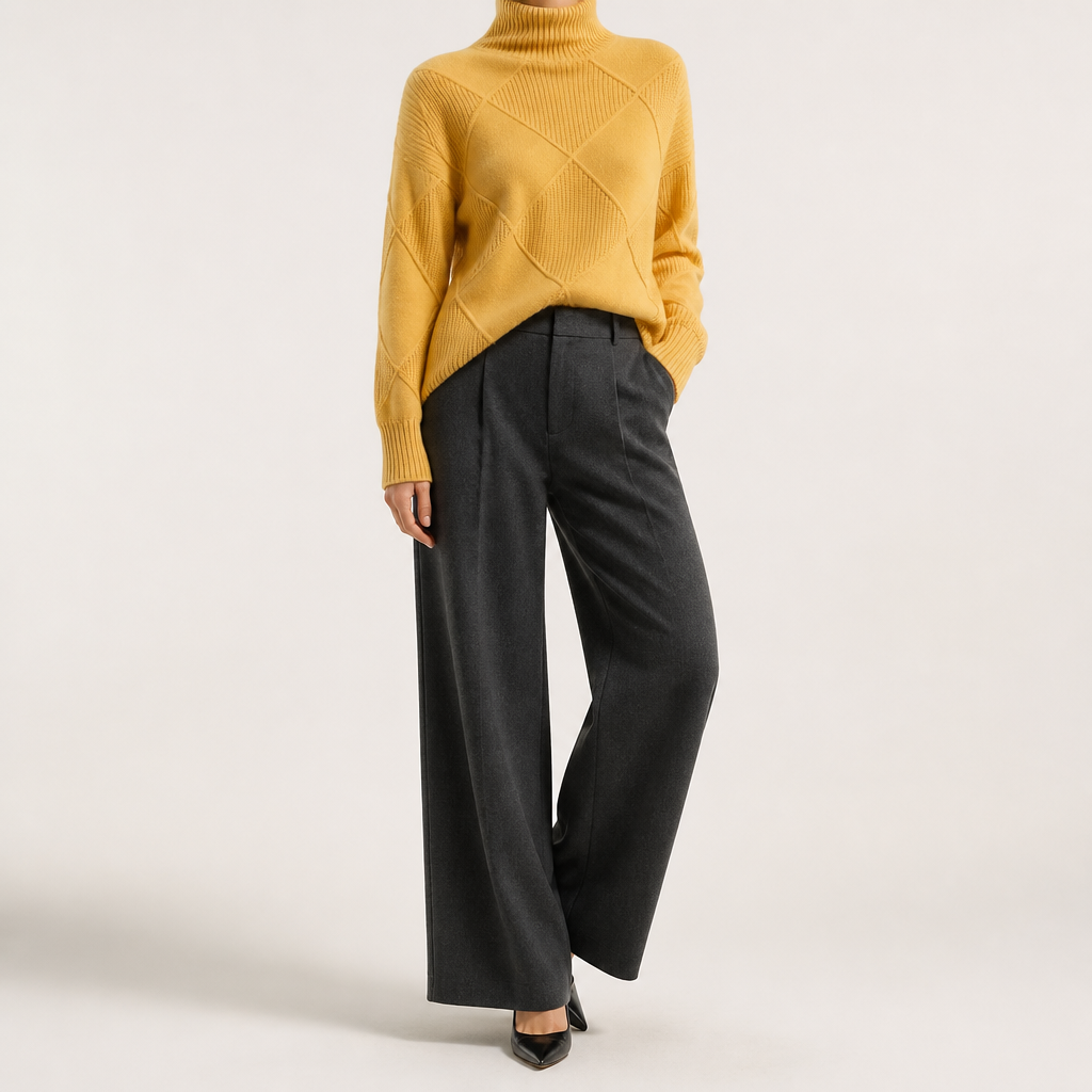Ruby | Womens Turtleneck Diamond Texture Knit Relaxed Pullover Sweater, Golden Yellow
