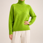Ruby | Womens Turtleneck Diamond Texture Knit Relaxed Pullover Sweater, Grass Green