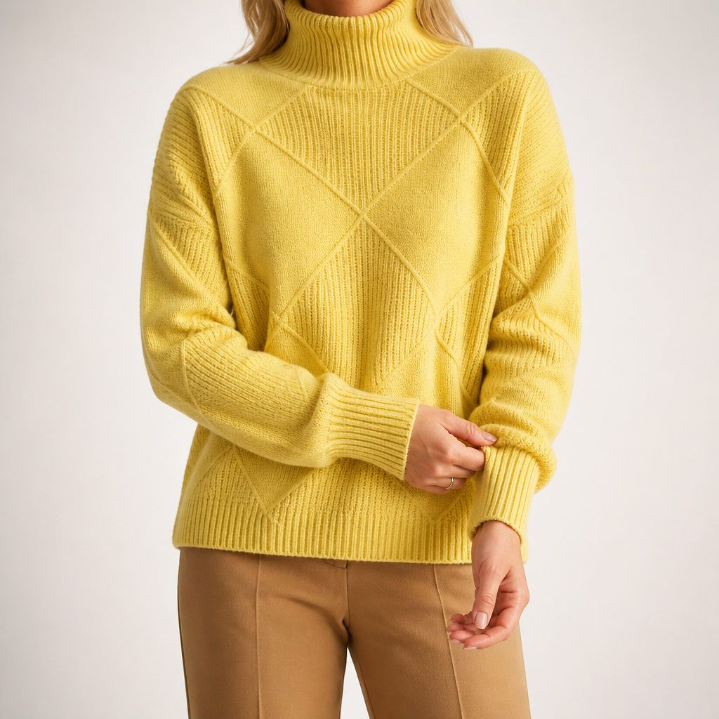 Ruby | Womens Turtleneck Diamond Texture Knit Relaxed Pullover Sweater, Chrysanthemum Yellow