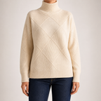 Ruby | Womens Turtleneck Diamond Texture Knit Relaxed Pullover Sweater, White