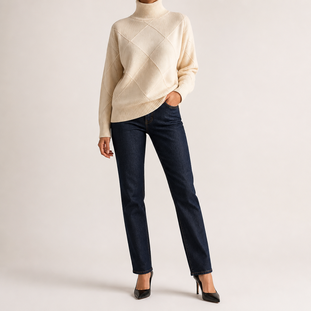 Ruby | Womens Turtleneck Diamond Texture Knit Relaxed Pullover Sweater, White