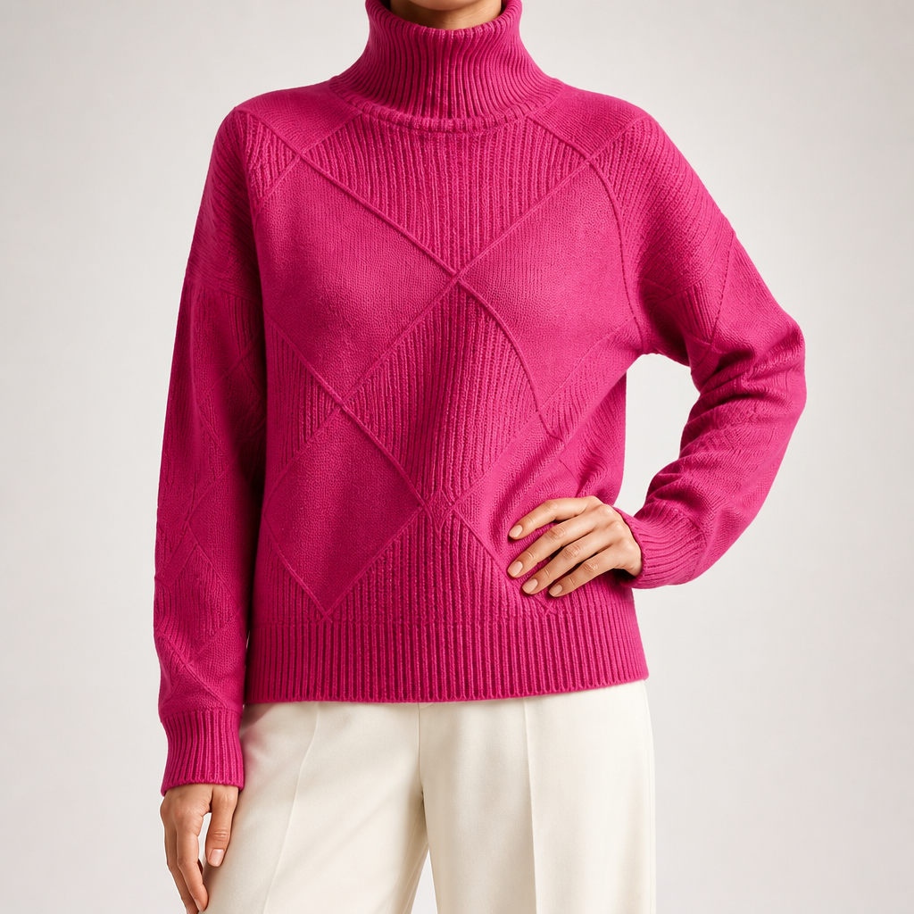 Ruby | Womens Turtleneck Diamond Texture Knit Relaxed Pullover Sweater, Rose Red