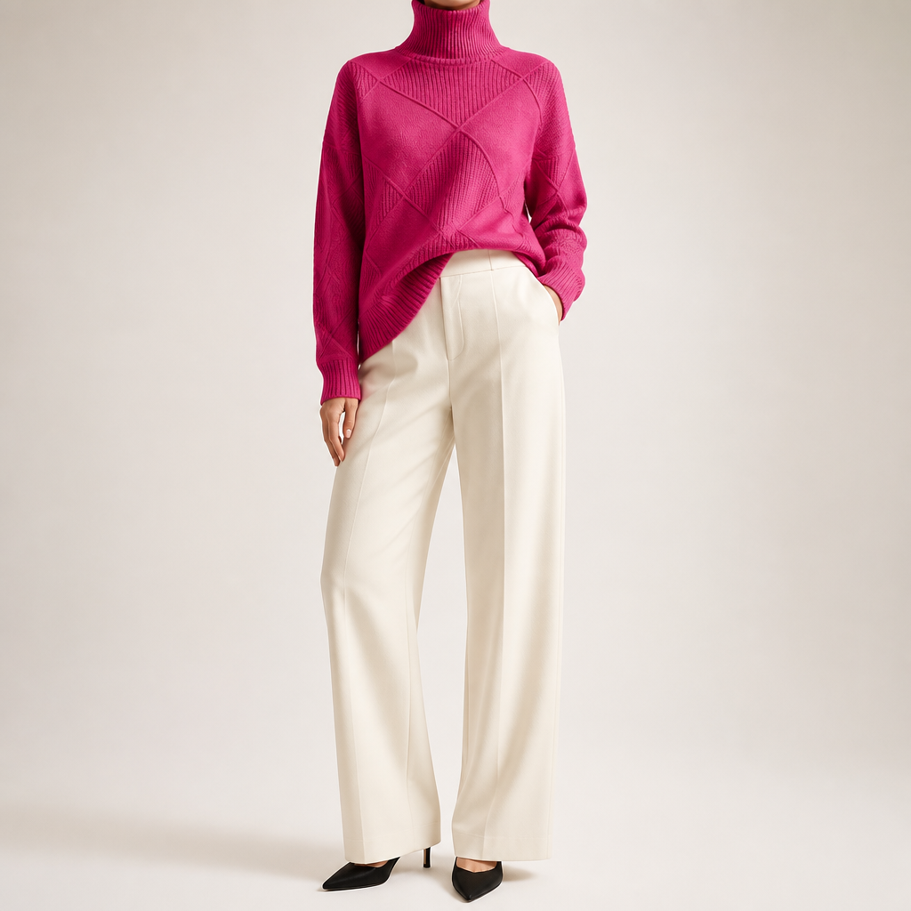 Ruby | Womens Turtleneck Diamond Texture Knit Relaxed Pullover Sweater, Rose Red