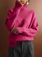 Ruby | Womens Turtleneck Diamond Texture Knit Relaxed Pullover Sweater, Rose Red