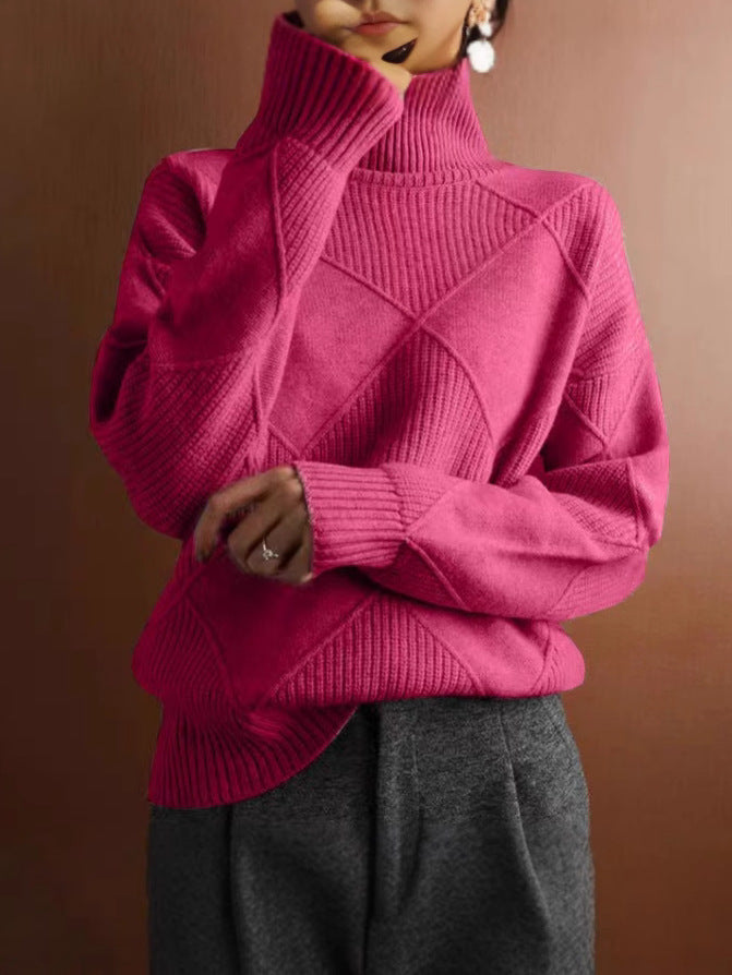 Ruby | Womens Turtleneck Diamond Texture Knit Relaxed Pullover Sweater, Rose Red