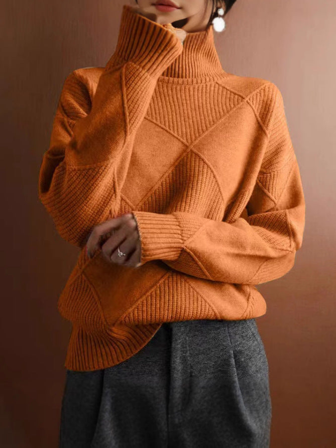 Ruby | Womens Turtleneck Diamond Texture Knit Relaxed Pullover Sweater, Orange