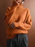 Ruby | Womens Turtleneck Diamond Texture Knit Relaxed Pullover Sweater, Orange