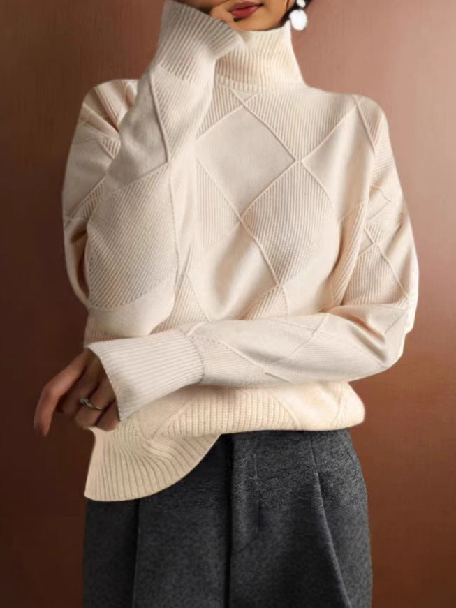 Ruby | Womens Turtleneck Diamond Texture Knit Relaxed Pullover Sweater, White