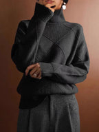 Ruby | Womens Turtleneck Diamond Texture Knit Relaxed Pullover Sweater, Black