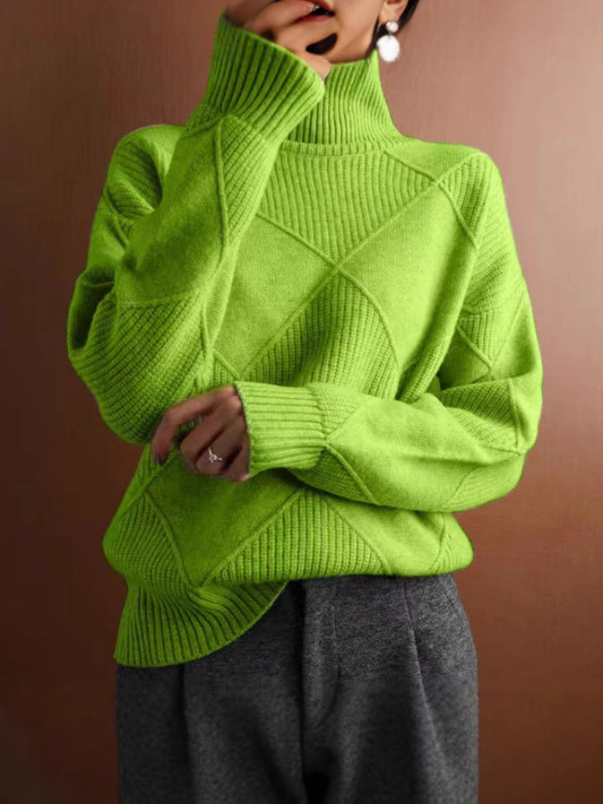 Ruby | Womens Turtleneck Diamond Texture Knit Relaxed Pullover Sweater, Grass Green