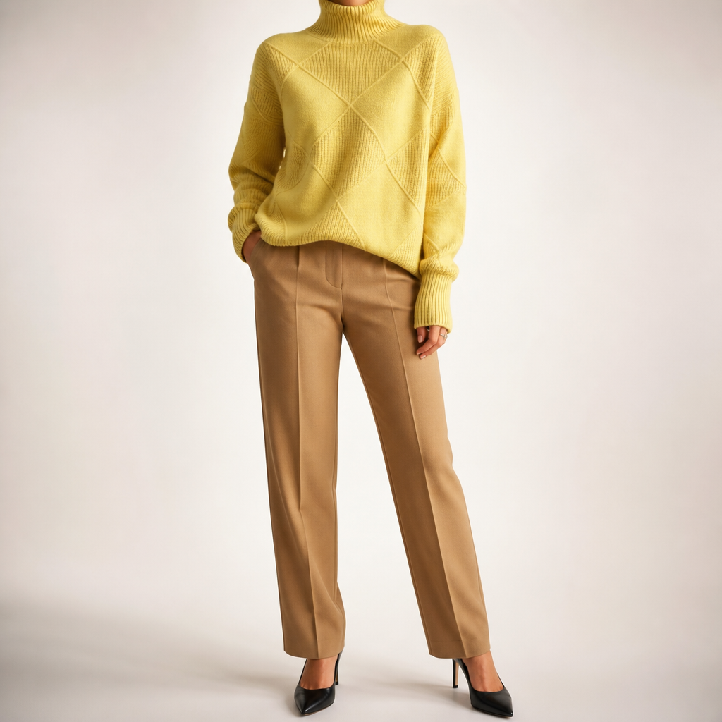 Ruby | Womens Turtleneck Diamond Texture Knit Relaxed Pullover Sweater, Chrysanthemum Yellow