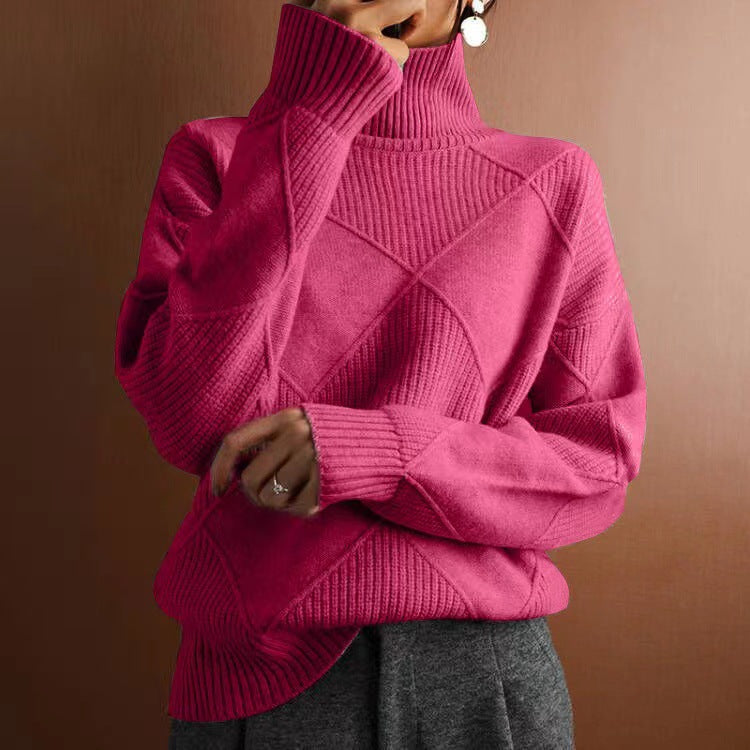 Ruby | Womens Turtleneck Diamond Texture Knit Relaxed Pullover Sweater, Rose Red