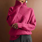 Ruby | Womens Turtleneck Diamond Texture Knit Relaxed Pullover Sweater, Rose Red