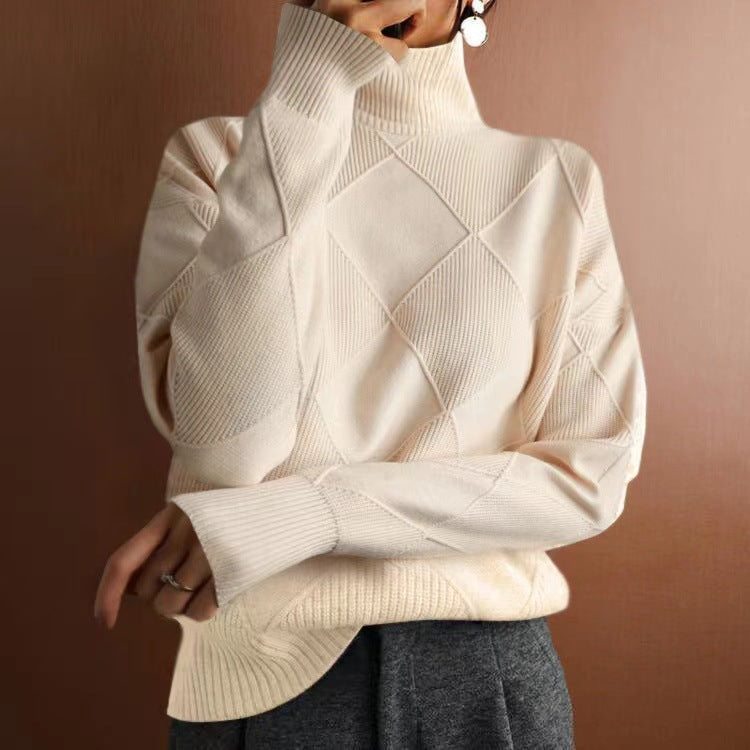 Ruby | Womens Turtleneck Diamond Texture Knit Relaxed Pullover Sweater, White