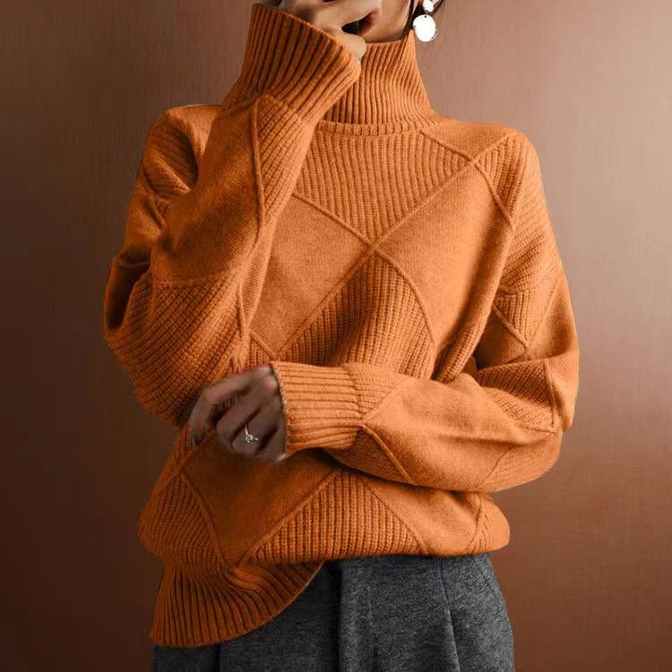 Ruby | Womens Turtleneck Diamond Texture Knit Relaxed Pullover Sweater, Orange
