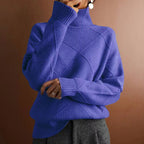 Ruby | Womens Turtleneck Diamond Texture Knit Relaxed Pullover Sweater, Blue