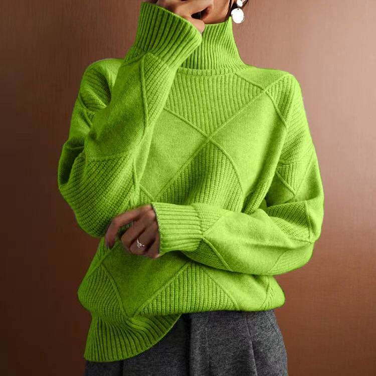 Ruby | Womens Turtleneck Diamond Texture Knit Relaxed Pullover Sweater, Grass Green