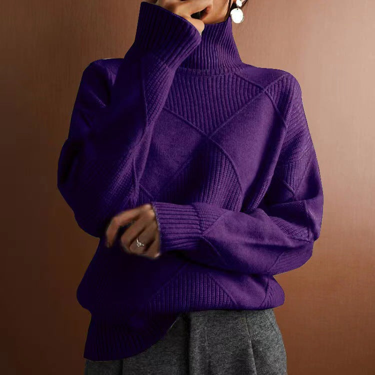 Ruby | Womens Turtleneck Diamond Texture Knit Relaxed Pullover Sweater, Dark Purple