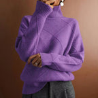 Ruby | Womens Turtleneck Diamond Texture Knit Relaxed Pullover Sweater, Purple