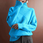 Ruby | Womens Turtleneck Diamond Texture Knit Relaxed Pullover Sweater, Lake Blue
