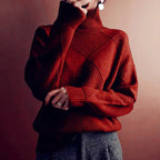 Ruby | Womens Turtleneck Diamond Texture Knit Relaxed Pullover Sweater, Burgundy