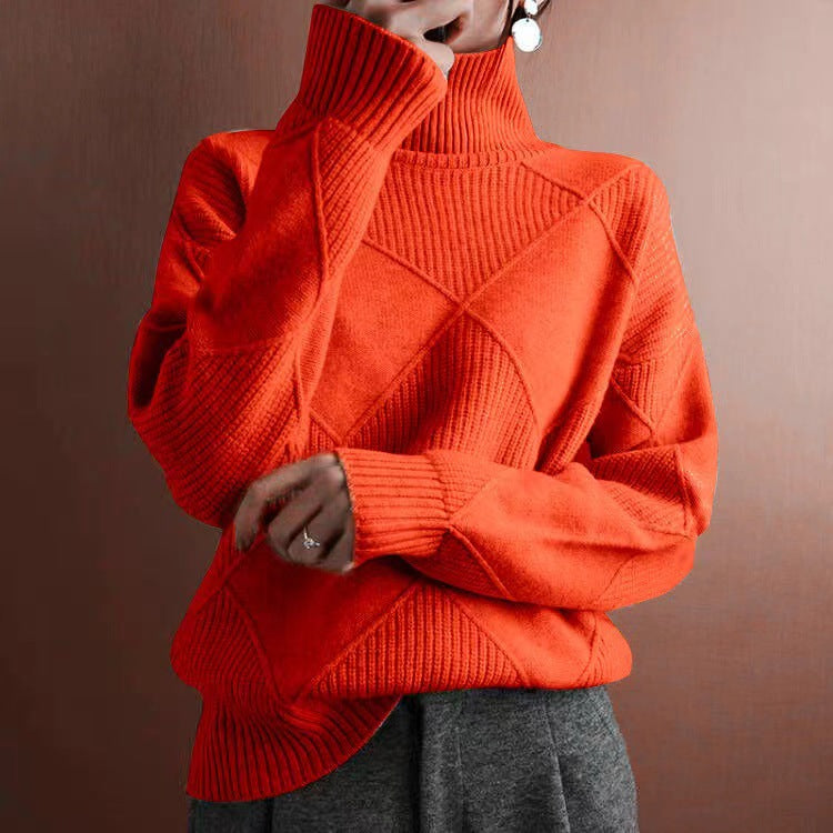 Ruby | Womens Turtleneck Diamond Texture Knit Relaxed Pullover Sweater, Orange Red