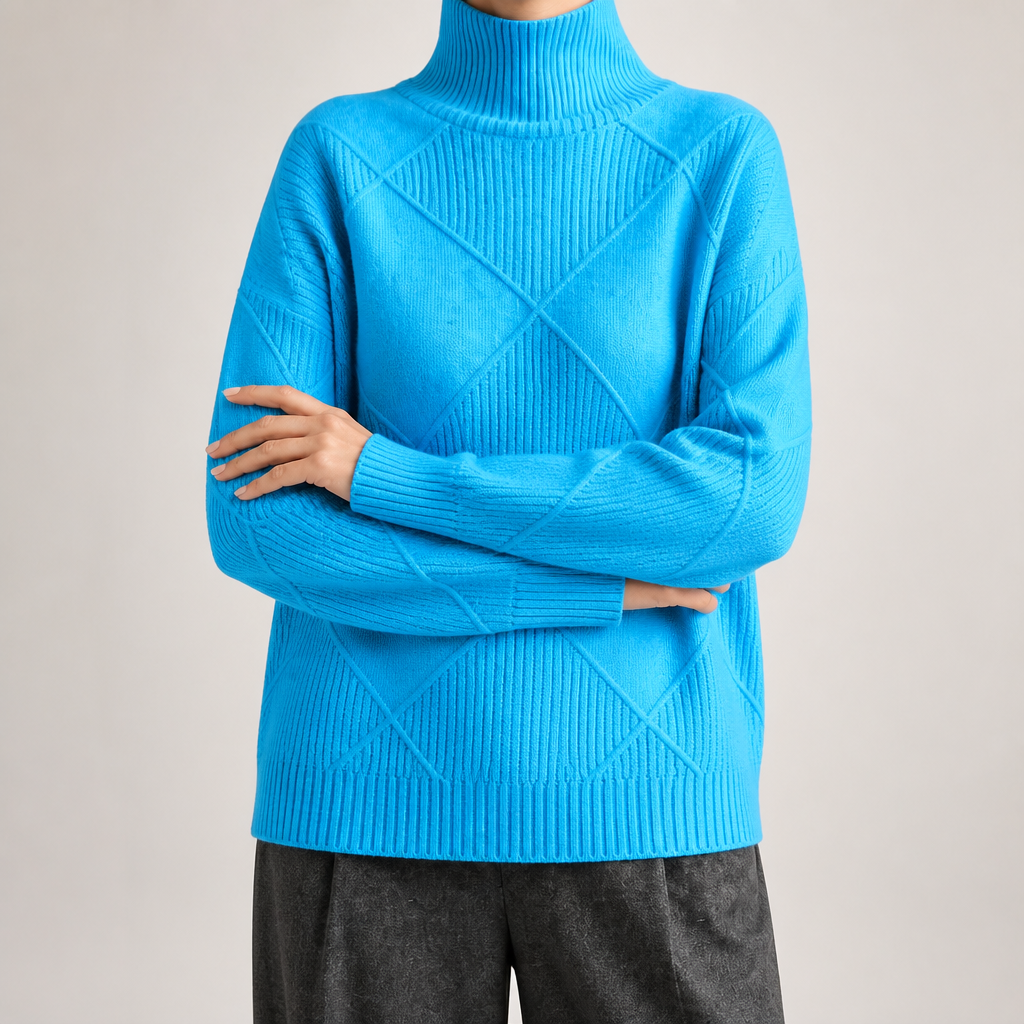 Ruby | Womens Turtleneck Diamond Texture Knit Relaxed Pullover Sweater, Lake Blue