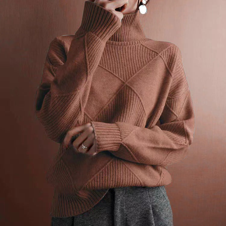 Ruby | Womens Turtleneck Diamond Texture Knit Relaxed Pullover Sweater, Brown