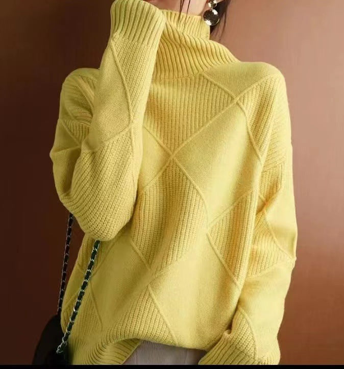 Ruby | Womens Turtleneck Diamond Texture Knit Relaxed Pullover Sweater, Chrysanthemum Yellow
