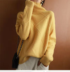 Ruby | Womens Turtleneck Diamond Texture Knit Relaxed Pullover Sweater, Golden Yellow