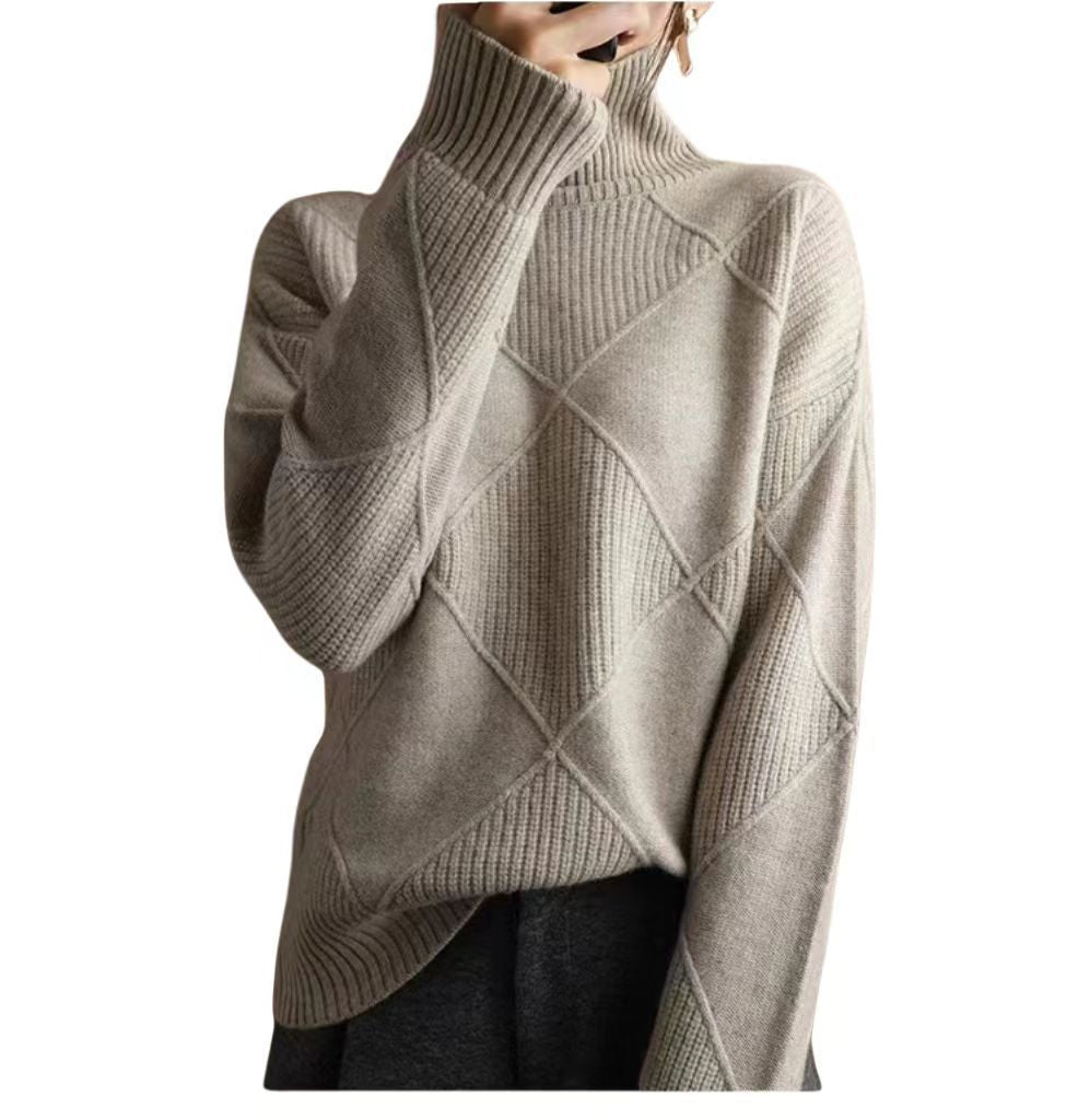 Ruby | Womens Turtleneck Diamond Texture Knit Relaxed Pullover Sweater, Card Grey