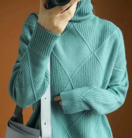 Ruby | Womens Turtleneck Diamond Texture Knit Relaxed Pullover Sweater, Fresh Water Green
