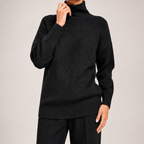 Ruby | Womens Turtleneck Diamond Texture Knit Relaxed Pullover Sweater, Black