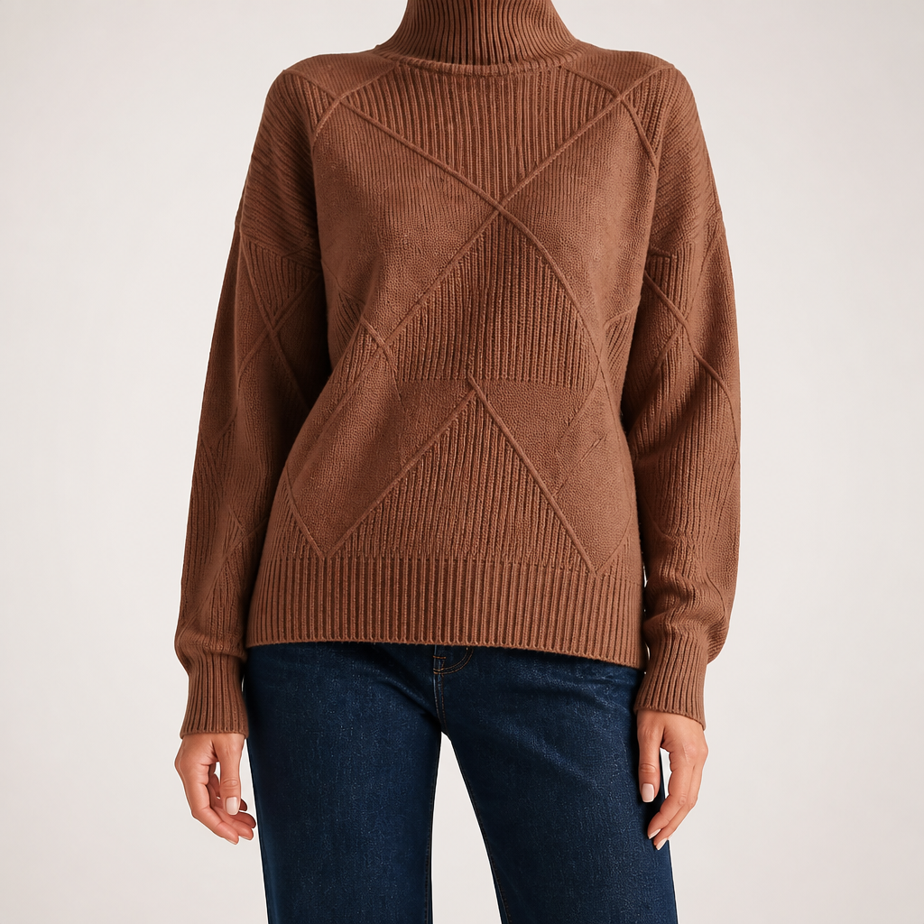 Ruby | Womens Turtleneck Diamond Texture Knit Relaxed Pullover Sweater, Brown