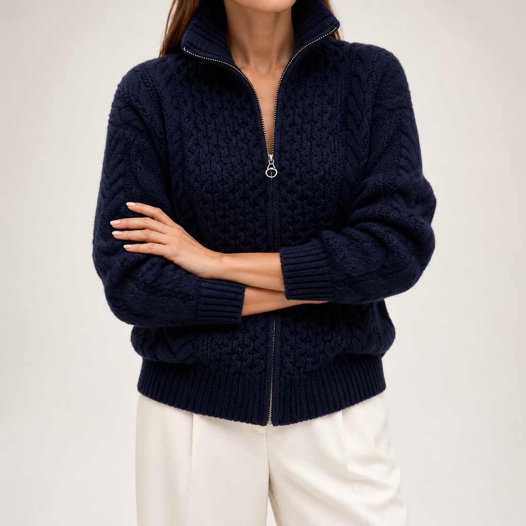 Sadie | Womens Turtleneck Cardigan Sweater Knit Zip Up Jacket, Navy Blue
