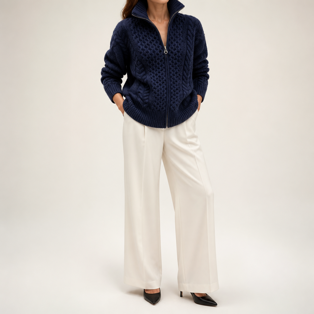 Sadie | Womens Turtleneck Cardigan Sweater Knit Zip Up Jacket, Navy Blue