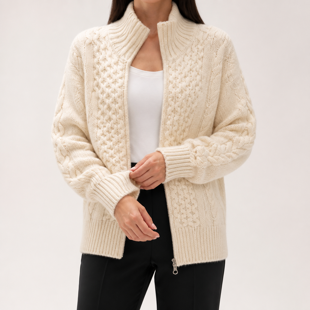 Sadie | Womens Turtleneck Cardigan Sweater Knit Zip Up Jacket, Beige