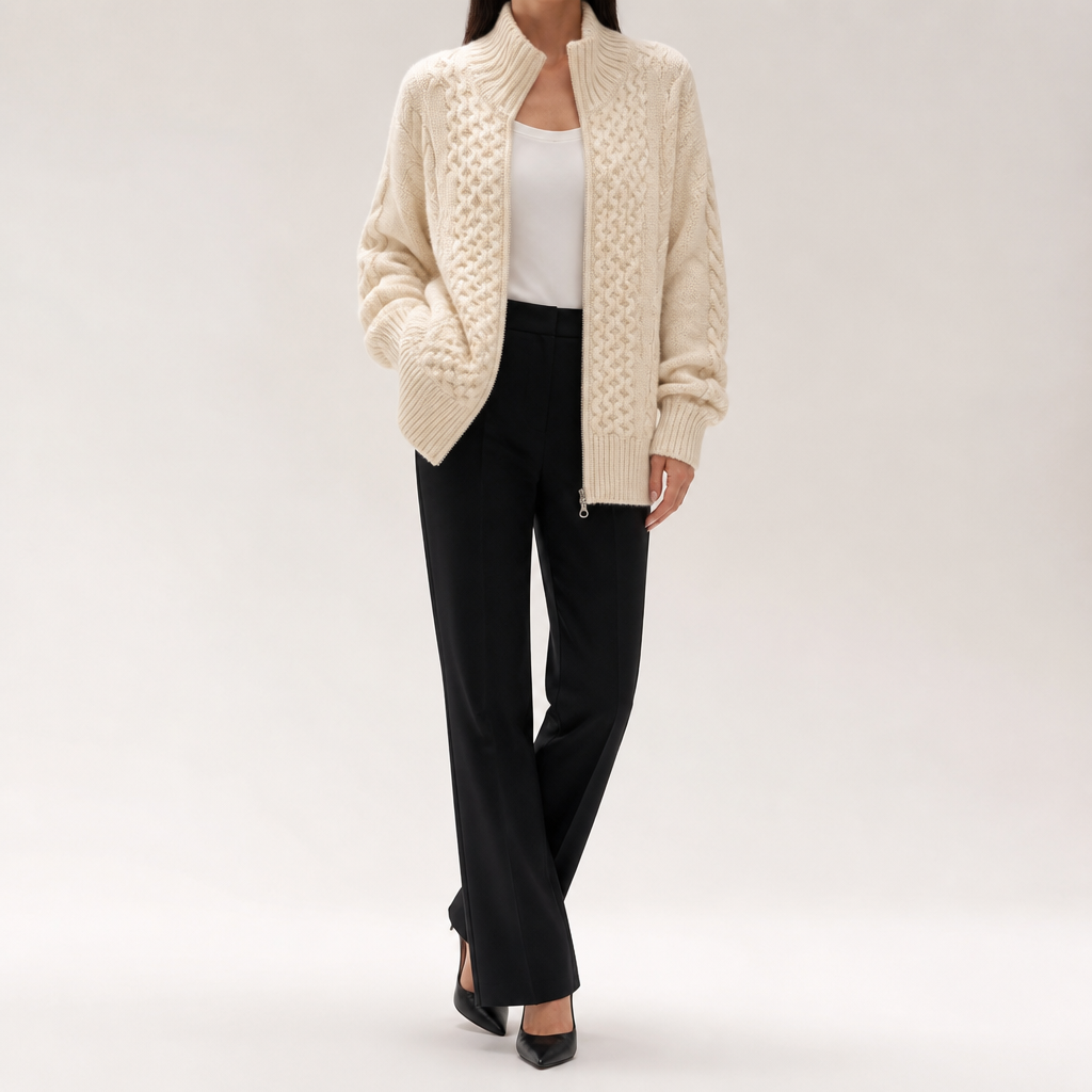 Sadie | Womens Turtleneck Cardigan Sweater Knit Zip Up Jacket, Beige