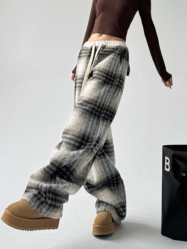 Samantha | Womens Fleece Lined Wide Leg Checked Winter Pants