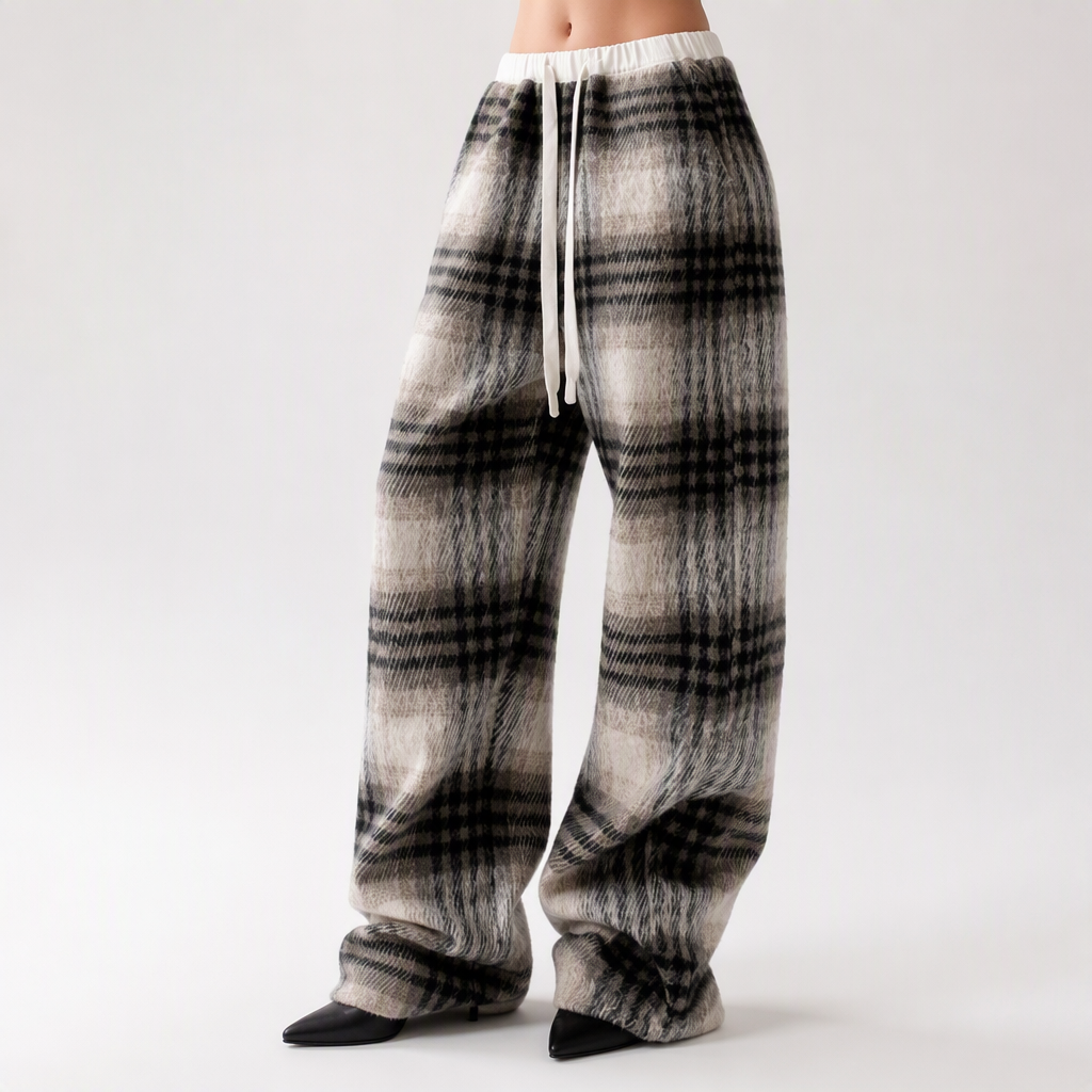 Samantha | Womens Fleece Lined Wide Leg Checked Winter Pants, Grey