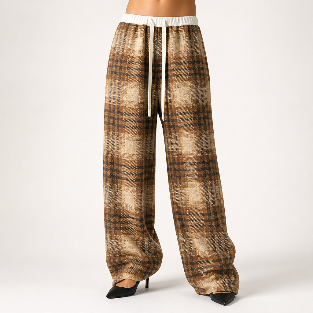 Samantha | Womens Fleece Lined Wide Leg Checked Winter Pants, Yellow