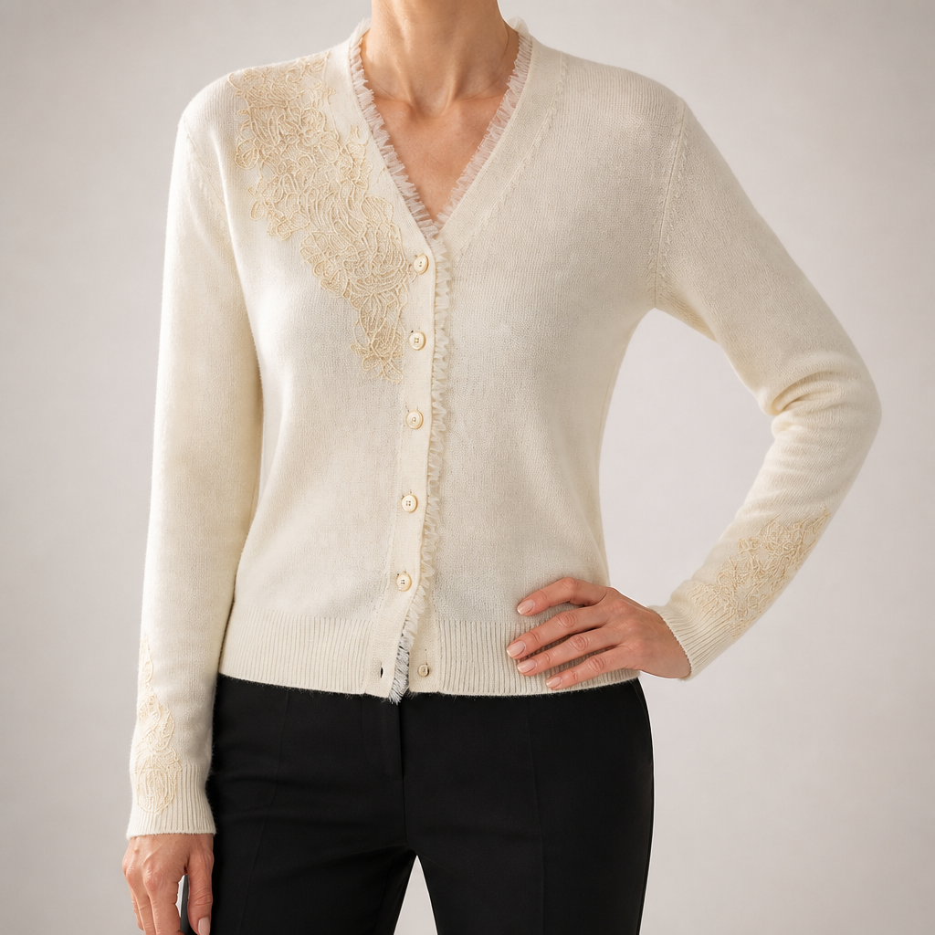 Sandra | Womens Cashmere Blend V Neck Cardigan Sweater Lace Trim Knit, White