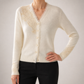 Sandra | Womens Cashmere Blend V Neck Cardigan Sweater Lace Trim Knit, White