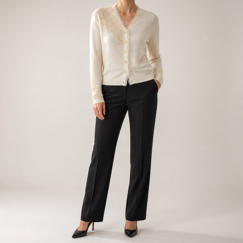 Sandra | Womens Cashmere Blend V Neck Cardigan Sweater Lace Trim Knit, White