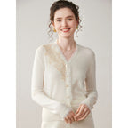 Sandra | Womens Cashmere Blend V Neck Cardigan Sweater Lace Trim Knit