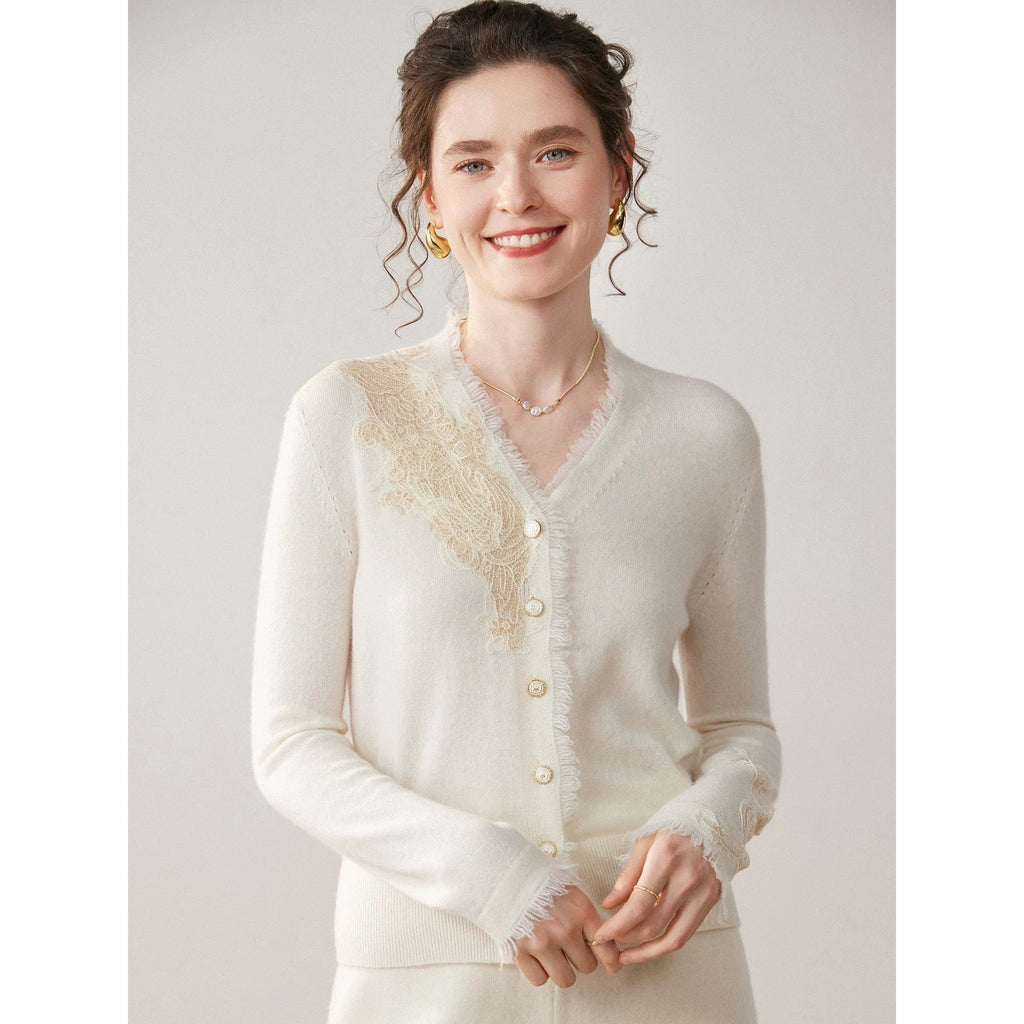 Sandra | Womens Cashmere Blend V Neck Cardigan Sweater Lace Trim Knit