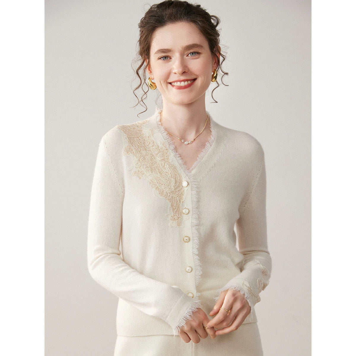 Sandra | Womens Cashmere Blend V Neck Cardigan Sweater Lace Trim Knit