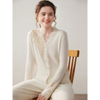 Sandra | Womens Cashmere Blend V Neck Cardigan Sweater Lace Trim Knit