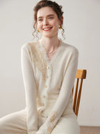 Sandra | Womens Cashmere Blend V Neck Cardigan Sweater Lace Trim Knit