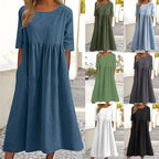 Saoirse | Womens Round Neck Cotton Linen Loose Midi Wedding Guest Summer Dresses - 1